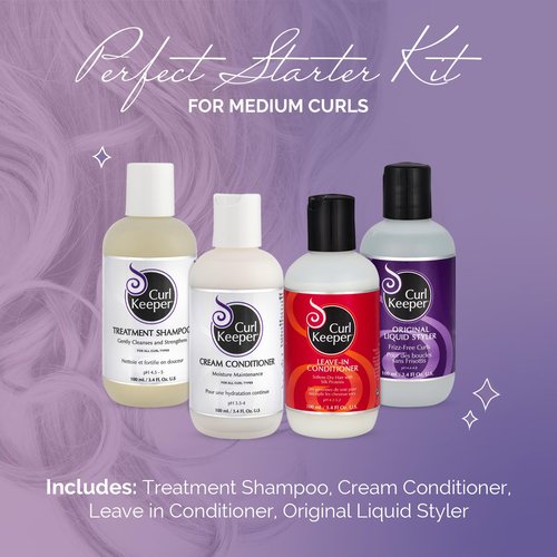 Curl Keeper Medium Curl Starter Kit for Curly Hair - Travel Size Set Includes Original Liquid Styler, Treatment Shampoo, Cream Conditioner & Leave-In Conditioner - Maximum Definition Shine & Moisture