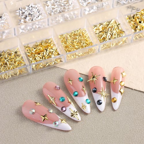 3D Star Nail Charms, Gold & Silver Mixed Styles Metallic Studs Rhinestones Stars and Mixed Sizes Mini Metal Caviar Beads, Nail Jewelry Decorations Manicure Supplies with Tweezers and Pick-up Pencil