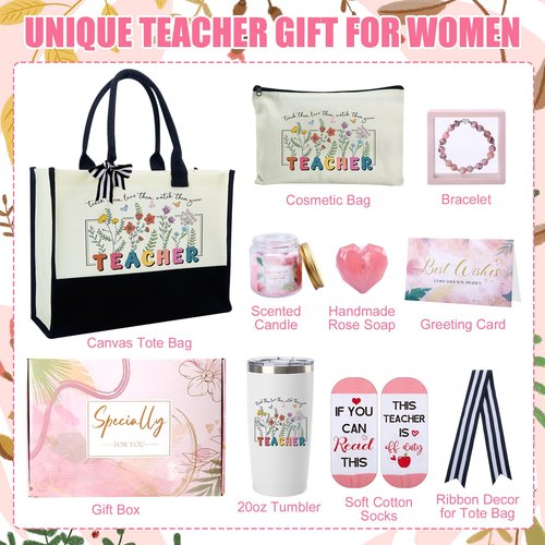 IANFEPH Teacher Appreciation Gifts Teacher Valentine's Day Gifts Basket End of Year Thank You Canvas Tote Bag for Women Teachers Retirement Birthday Back to School Gift Supplies