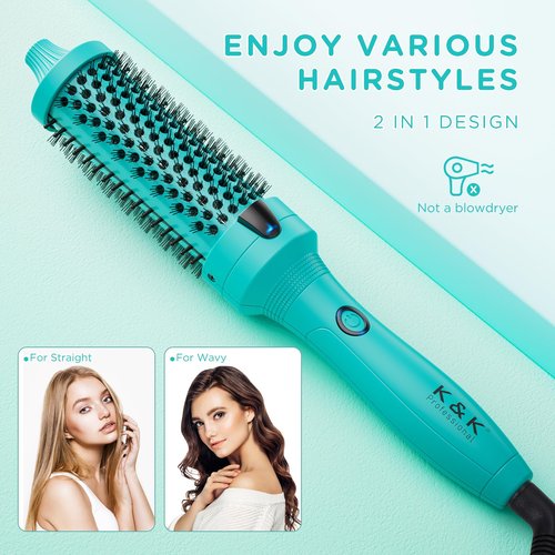 K&K Thermal Brush, Green 1.5 Inch Heated Round Curler, Professional Heated Curling Ceramic Tourmaline Ionic Curling Iron, Hot Styling Volumizing Brush, Dual Voltage