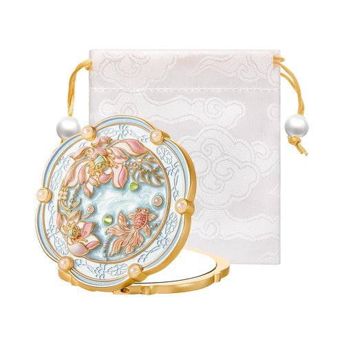 Imperblooms Lotus Bloom Compact Mirror, Small 2X Magnifying Makeup Mirror for Purse Pocket, Mini Portable Folding Blue Mirror, Chinese Style Gift for Women Girls
