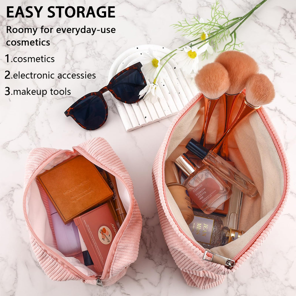 ZLFSRQ 2Pcs Corduroy Makeup Bag Cute Travel Cosmetic Bag Set for Women Large Small Corduroy Zipper Makeup Pouch for Purse Cosmetic Pouch Aesthetic Portable Skincare Toiletry Bags Organizer (Pale Pink)