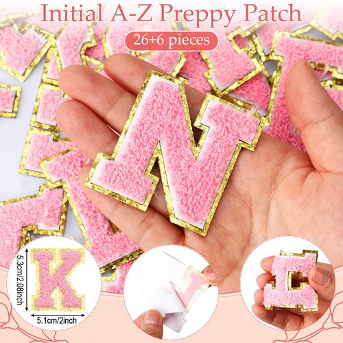 Huhumy 12 Personalized Initial A-z Preppy Patch Clear Makeup Bag Initial Letter Beach Travel Toiletry Cosmetic PVC Bag DIY Chenille Letter Patches Easter Exchange Gifts(Pink, Pink Letters)