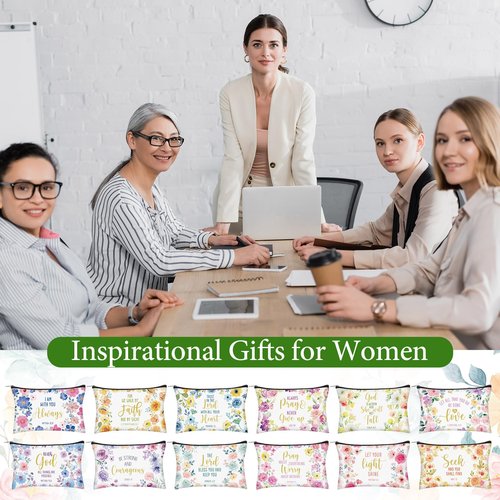 Geelin 24 Pcs Christian Gifts Bulk for Women 12 Floral Religious Canvas Makeup Bags 12 Bible Verse Compact Mirrors Inspirational Church Party Gifts for Women Mother Sister