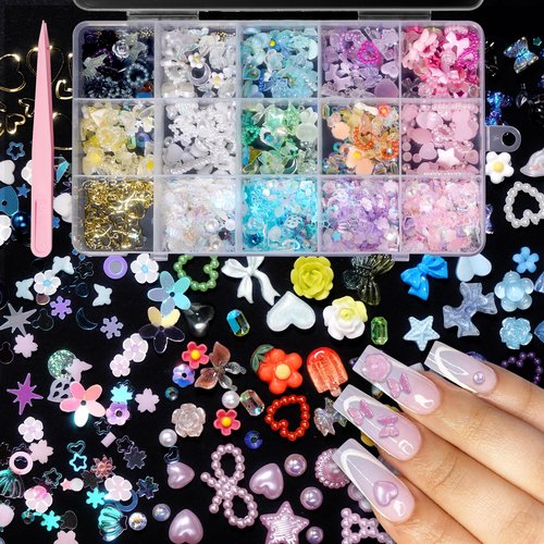 CESUSME Mix3D Assorted Color Nail Charms Multi Pink Blue Purple White Glitter Heart Flower Butterfly Bow Cute Charms Hollow White Pearls Nail Charms Acrylic Nail Art Manicure DIY Crafts Accessories