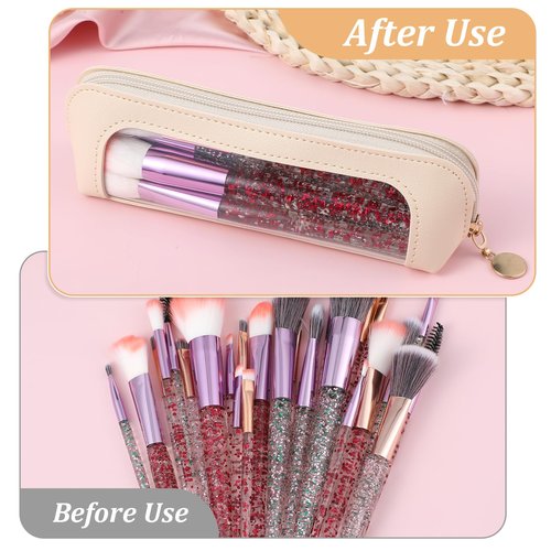 Clear Makeup Bag, Portable Transparent Cosmetic Organizer, PU Leather clear Makeup Brush Holder, Waterproof Travel Toiletry Pouch with Zipper for Women, Slim MakeupCase for Home, Office, Travel(Beige)