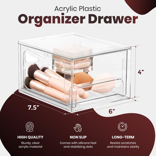 Oizeir Clear Stackable Storage Drawers - 2-Pack Acrylic Makeup Organizer Bins for Vanity, Bathroom, Countertop, Cabinet, or Kitchen - Perfect for Cosmetics, Office, and Small Item Organization