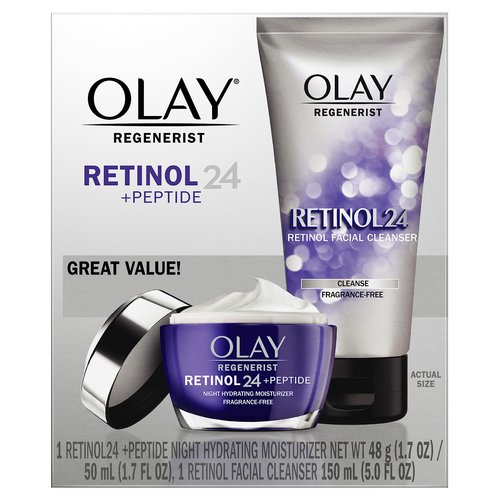 Olay Retinol 24 Duo Pack, Renewing Exfoliating Cleanser, FragranceFree 5.0 FL oz, Night Moisturizer, Fragrance-Free, 1.7 oz, 4ct Retinol Cleansing Melts