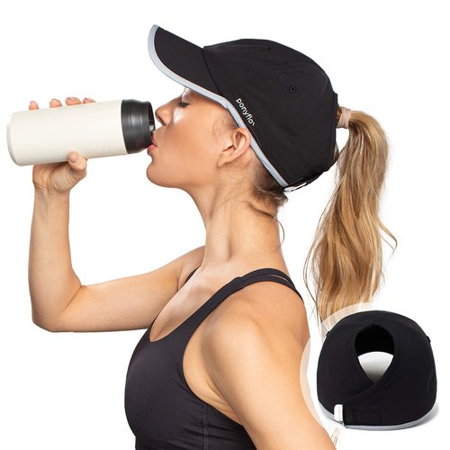 Ponyflo Performance Ponytail Running Hat Patented - Women's High Ponytail Hats - Baseball Cap Performance Ponytail Running Hat - Ponytail Hats for Women - Baseball Cap Women - Black