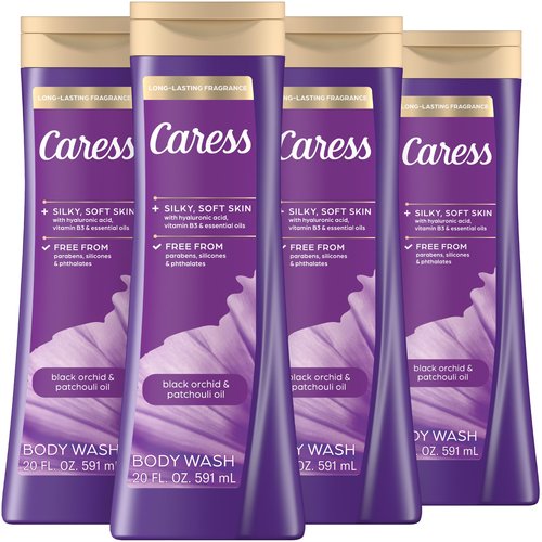 Caress Black Orchid & Patchouli Oil Body Wash, Hyaluronic Acid & Vitamin B3 for Moisturized, Silky Soft Skin, Long-Lasting Exotic Fragrance, 20 fl oz (4 Pack)