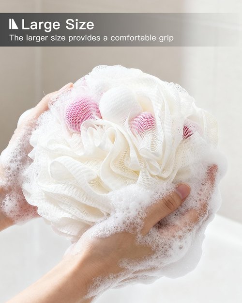 Loofah Sponge, 50g Loofah Exfoliating Body Scrubber, Dense Mesh Exfoliating Sponges with Tight Knot Design, Gentle and Durable Bath Poufs for Rich Foam & Deep Cleansing (4 Pack-1)