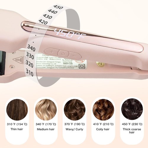 Heysam 2-in-1 Flat Iron Hair Straightener & Curler - Portable Dual Voltage, 1.6-Inch Wide, Fast Heating, Pink