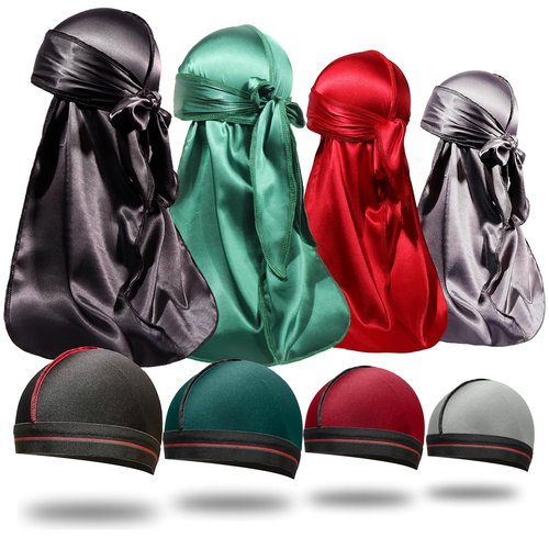ForceWave 8PCS Silky Durag Men Wave Cap Long Tail Do rag for 360 Wave Dew Rag Packs
