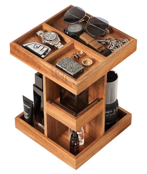Cologne Organizer for Men, Solid Acacia Wood 3-Tier Rotating Stand - Natural Grain Bathroom & Vanity Organizition for Perfume & Skincare, Premium Desk Decor, Unique Birthday Gifts