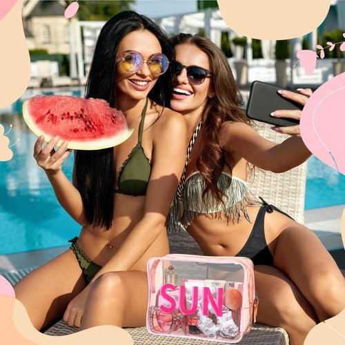 Shinylin Sun Clear Beach Makeup Bag 9.5" x 7" x 3.5" Large Cosmetic Pouch Pink Travel Toiletry Bag PVC Waterproof Transparent Zippered Organizer for Women Girl Summer