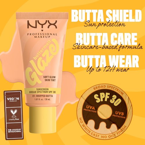 NYX PROFESSIONAL MAKEUP Buttermelt Glaze Skin Tint - Soft Glow with SPF 30, 12HR Wear, 01 Whipped Butta