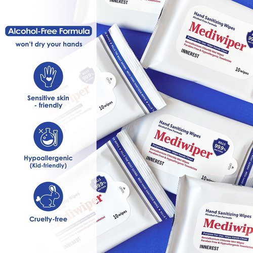 Mediwiper 10ct Alcohol-Free Hand Sanitizing Wipes, Disinfecting Antibacterial Hand Sanitizer Wipe Bulk (50 Wipes (10 * 5))