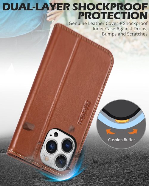 SHIELDON iPhone 13 Pro Case - Genuine Leather Folio Wallet with RFID Blocking & Kickstand - Retro Brown