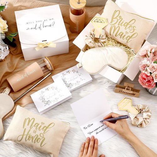 Tioncy 42 Pcs Bridesmaid Proposal Gifts Bridal Shower Wedding Gift Box Makeup Bags Invited Cards Tumblers with Lids and Straw Scrunchies Eye Mask Hair Clips for Maid of Honor(Champagne)