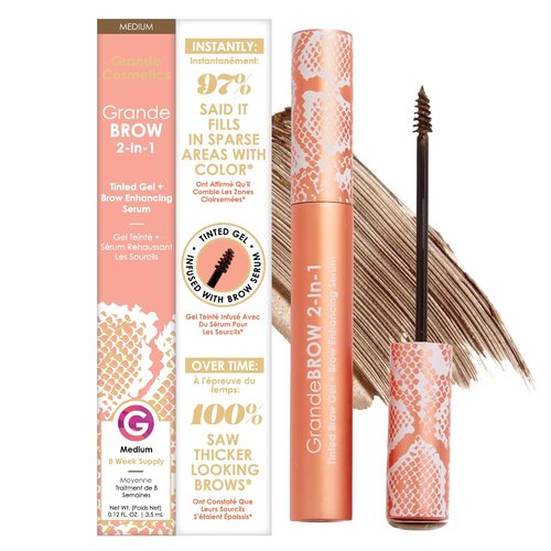 Grande Cosmetics GrandeBROW Tinted Brow Gel & Enhancing Serum - Thicker, Darker Eyebrows, Long Wear, with Castor Oil & Mini Fibers