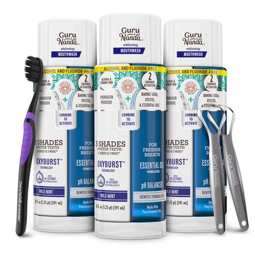 GuruNanda Teeth Whitening Dual Barrel Oxyburst Mouthwash - Alcohol & Fluoride Free, Hydrogen Peroxide to Promote Whiter Teeth - Wild Mint - 3x20 Fl Oz