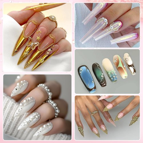 7500Pcs 3D Nail Charms, Gold & Silver Tiny Round Metal Nail Art Gems and Flatback White & Beige Pearl Nail Beads, Manicure Decor Accessories with Tweezers, Pick-up Pencil and 15ml Rhinestones Gel Glue