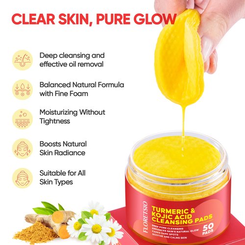Turmeric Kojic Acid Cleansing Pads : 50pcs Turmeric Exfoliating Pad for Face - Balance Oil & Moisture, Gentle Round Cotton Pads for Face -Travel Friendly