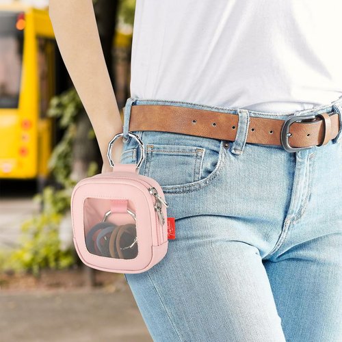 Homakover Hair Tie Organizer Bag with Clear Window, PU Leather Portable Hair Tie Holder with O Ring, Hanging Storage Container for Hair Accessories Cotton Swab Bobby Pin Small Items