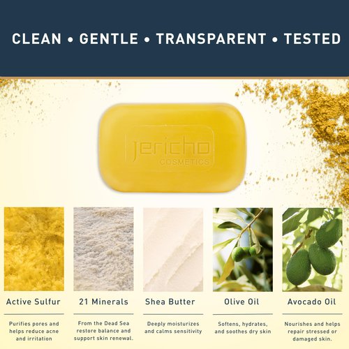 Jericho Dead Sea Sulfur Soap with Olive Oil – Helps with Acne, Psoriasis, Eczema & Blackheads – For Oily to Normal Skin – Vegan Face & Body Bar for Men & Women, 4.4 Oz / 125 g (Pack of 3)
