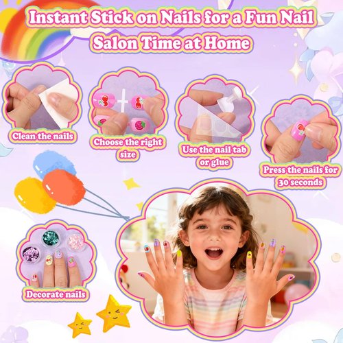 480 Pcs Kids Nails and Glue, Girls Press ons Nail Art Kit with Storage Case, Fake Nails Adhesive, Remover, Stickers, Glitter Cute Stuff Gift for Girls 8-12