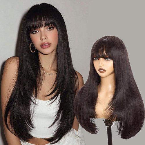 Twobla 26 Inch Natural Black Wig With Bangs | Long Black Straight Layered Synthetic Wig for Women | Heat Resistant, Realistic Scalp, Freestyle Parting | Wear & Go, No Glue Needed | Cosplay & Daily Use