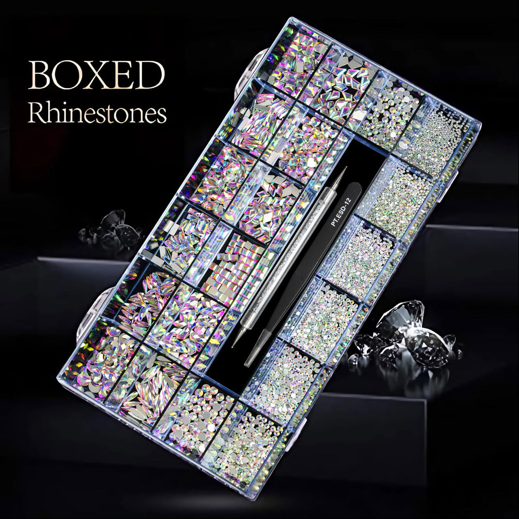 Yzzseven 12 Types of 600 Crystal AB Diamonds + 2500 Flat Rhinestones Mix 20 Styles Flatback DIY Crafts Rhinestone Crystals 3D Ornament‌s Flat Back Stones Set + Tweezers + Drill Pen