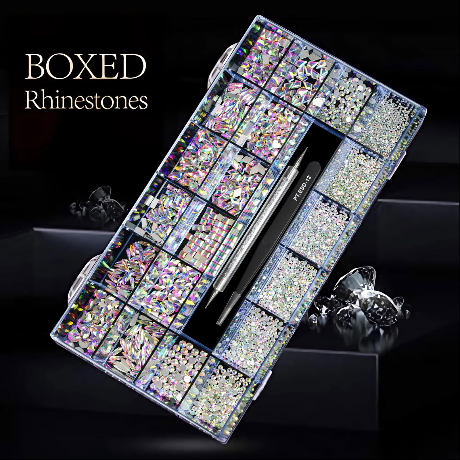 Yzzseven 12 Types of 600 Crystal AB Diamonds + 2500 Flat Rhinestones Mix 20 Styles Flatback DIY Crafts Rhinestone Crystals 3D Ornament‌s Flat Back Stones Set + Tweezers + Drill Pen