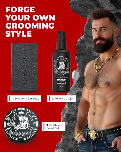 Bossman Starter Beard Kit for Men – Beard Oil (2 oz), Beard Balm & Bar Soap – Natural & Organic Grooming Kit – Made in the USA Men Gift Set (Naked – Unscented)