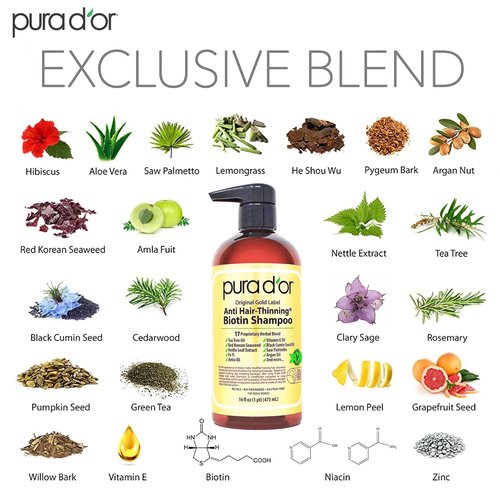PURA D'OR Original Gold Label Anti-Thinning Shampoo - Clinically Tested Formula with Biotin & Argan Oil - Sulfate-Free, 16 fl oz