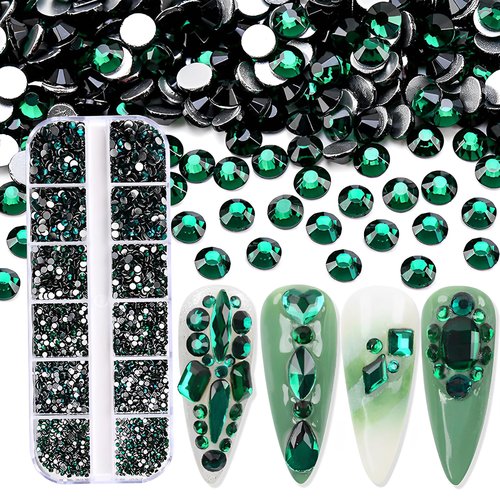 Jollin 3600pcs Flatback Rhinestones Glass Charms Diamantes Gems Stones for Nail Art 6 Size ss4~ss12 Box Dark Green