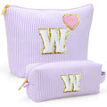 Personalized Initial Makeup Bag Gifts Preppy Cosmetic Bag Trendy Toiletry Travel Bag For Teen Girls Kids Women Letter Makeup Pouch Purse Holiday Gifts Birthday Christmas Gifts 2pack (W, Purple)