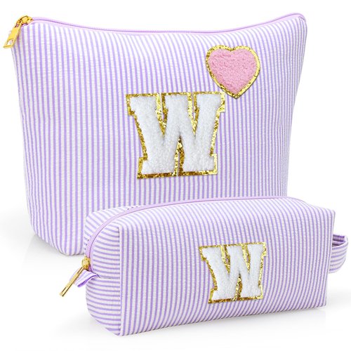 Personalized Initial Makeup Bag Gifts Preppy Cosmetic Bag Trendy Toiletry Travel Bag For Teen Girls Kids Women Letter Makeup Pouch Purse Holiday Gifts Birthday Christmas Gifts 2pack (W, Purple)