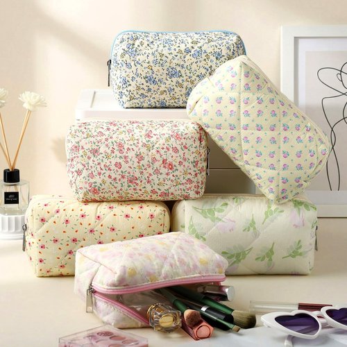 Paterr 6 Pcs Quilted Makeup Bag Bulk for Women Girls Birthday Valentine's Day Bridesmaid Gifts Cute Cotton Cosmetic Pouch Bow Floral Coquette Aesthetic Travel Toiletry Bag(Classic Style,Colorful)