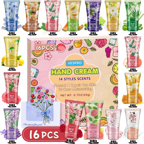 16 Pack Hand Cream Set, Easter Basket Stuffers, Bridesmaid Gifts, Bulk Hand Lotion Travel Size for Dry Cracked Hands, Mini Hand Lotion for Thank You Gifts and Mothers Day Gifts with a Greeting Card