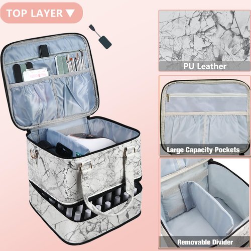 FCQQYWZ Large Nail Polish Organizer Case Hold 84+ Bottles Nail Polish & Nail Lamp, 3 Layers Nail Organizers and Storage for Nail Tech with Divider, Travel Carrying Case for Nail Polish Kit Set(White)