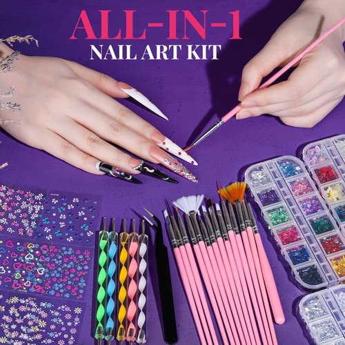 FANDAMEI Nail Charms and Nail Brushes, Nail Accessories Kit with 15 Pcs Nail Art Brushes, 6 Box Nail Charms and Gems, 10 Pcs Flower Nail Stickers, 5 Pcs Dotting Tools, Nail Art Kit with Nail Brush