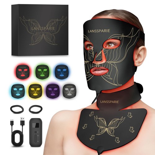 LANSSPARIE LED Light Therapy Mask, 7 Modes Soft Silicone Red Light Therapy Mask for Face and Neck, Red Light Face Mask with 5 Brightness Levels for Anti-Aging, Skincare at Home & Travel - E106A