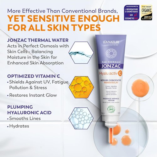 Eau Thermale Jonzac Organic Hyalu Activ C Serum - 5X Stable Vitamin C & Hyaluronic Acid for Brighter, Plumped Skin - 1.01 Fl Oz