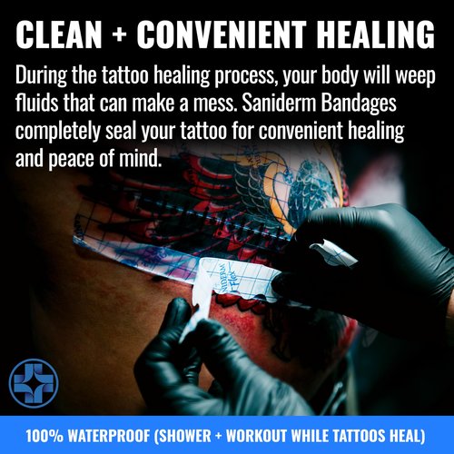 Saniderm Flex Tattoo Aftercare Bandage (New) (3 Sheets, 6 in x 8 in) – Convenient, Faster Tattoo Healing and Protection – Sterile, Waterproof, Ultra Flexible, Tatoo Aftercare Wrap – Matte Finish