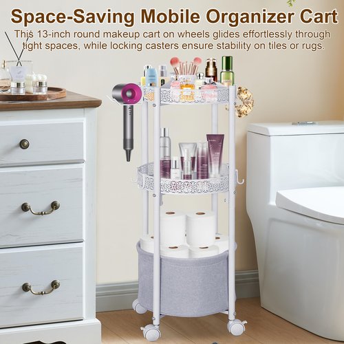 NauwaBarn Rolling Makeup Cart Organizer with Removable Hair Dryer Holder, 3 Tier Round Floor Makeup Organizer with Wheels for Cosmetic, Perfume, Nail Polish, Small Space Bathroom Storage Cart, White