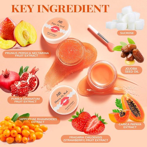 ANAI RUI Lip Scrub & Mask Set - Exfoliating Sugar Scrub & Moisturizing Overnight Mask for Dry Lips | Peach