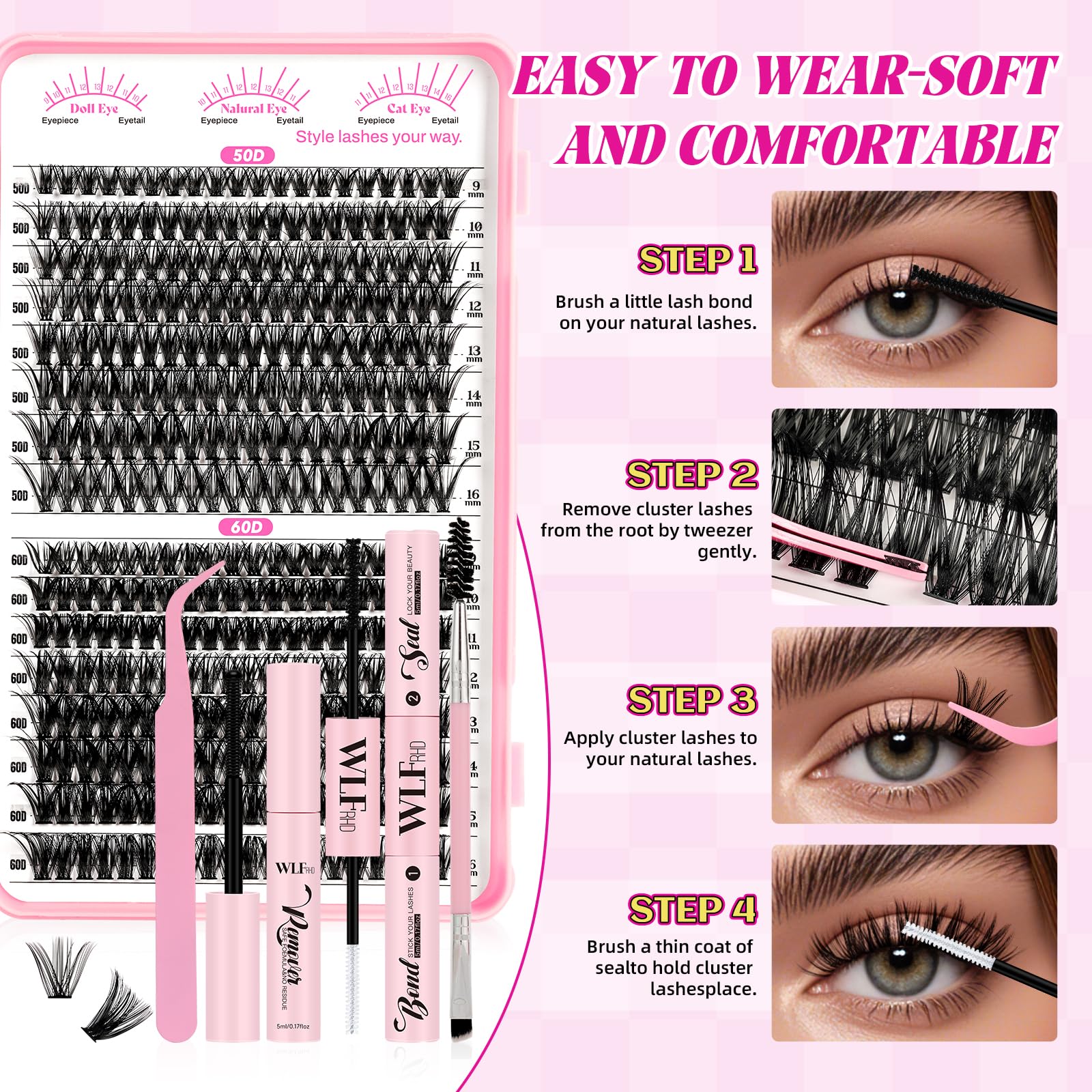 WLF Lash Clusters Kit 640 Pcs Lash Extension Kit Individual Lashes D Curl Clusters Eyelashes Extensions Kit with Lash Book Eyelash Bond and Seal Remover Tweezers Brush(Mix 9-16mm,30D+40D+50D+60D Kit)