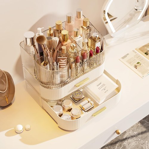 Makeup Organizer with 360 Rotating Brush Holder and Stackable Drawers, Cosmetic Display Case for Vanity, Bathroom Countertop (White, 3 Layer)
