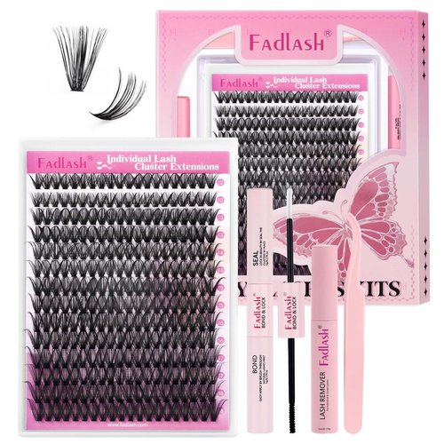 FADLASH DIY Lash Extension Kit Individual Lashes Clusters Lash Bond and Seal, Clusters Lash Glue Remover and Eyelash Tweezers for Eyelash Extensions (40D-0.07D, 12-18mm, Kit)